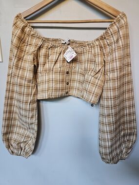 NWT Love Tree Brown Tan Plaid Smocked Crop Top Off Shoulder Puff Sleeve Size M